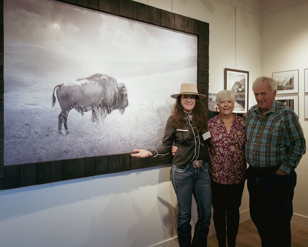 Three people standing indoors in front of a large framed black-and-white bison artwork on a gallery wall. The central woman points toward the bison print, with framed smaller wall art visible in the background.