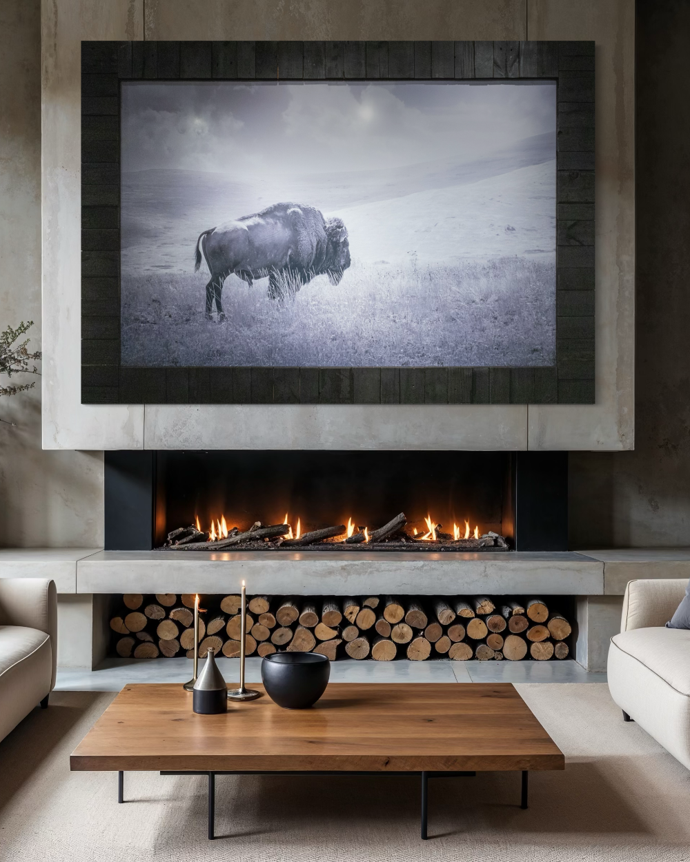 Modern living room with a fireplace, sofa, and wall art of a bison.